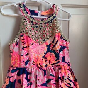 Vibrant Pink and Navy Sleeveless Dress with Gold Accents, Lilly Pulitzer